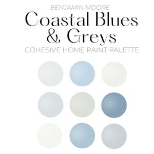 Blue Paint Color Palettes, Grey Paint Palette, Sherwin Williams Coastal, Coastal Paint Palette, Beach House Color Palette, Coastal Blue Paint, Whole House Color Palette, House Color Palette, Coastal Blues