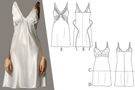 Silk Slip Dress Sewing Pattern, Dress Patterns Free Plus Size, Night Dress Pattern Free Sewing, Silk Nightgown Sewing Pattern, Dress Patterns Free Silk, Dress Slip Pattern, Vintage Slip Pattern, Plunge Dress Pattern, Night Gown Pattern Free