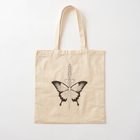 Get my art printed on awesome products. Support me at Redbubble #RBandME: https://www.redbubble.com/i/tote-bag/Butterfly-Dagger-Tattoo-Design-by-HelenaMorpho/54876181.P1QBH?asc=u Harry Styles Butterfly Tattoo, Harry Styles Butterfly, Handpainted Tote Bags, Butterfly Handbag, Butterfly Bags, Painted Tote, Blind Bags, Eco Bag, Tote Pattern