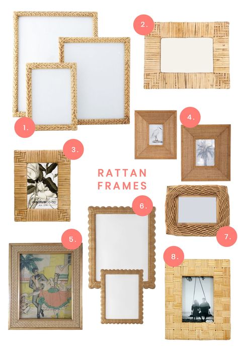 A rattan framed gallery wall is on my current to-do list this Spring, so I thought I'd share a few favorites I've found while some some "research", from brand names to Etsy, there's so much rattan goodness! Rattan Gallery Wall, Rattan Photo Frame, Boho Picture Frame, Picture Frame Layout, Rattan Products, Framed Gallery Wall, Rattan Wall Decor, Ashley Brooke Designs, Frame Layout