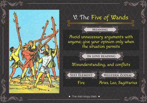 The Five of Wands Tarot | The Astrology Web Five Of Wands Tarot Meaning, Five Of Wands Tarot, 5 Of Wands, Tarot Advice, Tarot Suits, Five Of Wands, Pinterest Cards, Astrology Calendar, Witch Spells