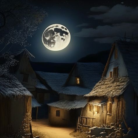 FULLMOON VILLAGE NIGHT Village Night View, Horror Locations, Moon Village, Night Village, Village At Night, Forest Cartoon, Dhoni Photos, Moon Kingdom, Scene Wallpaper