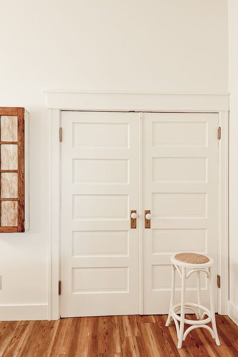 Double Door Closet Doors, Double Barn Door For Closet, Convert Sliding Closet Doors To French, Farmhouse Closet Door, Barn Door Closet Doors Double, Double Closet Door Ideas, Hallway Closet Door Ideas, Closet Double Doors, Double Closet Door