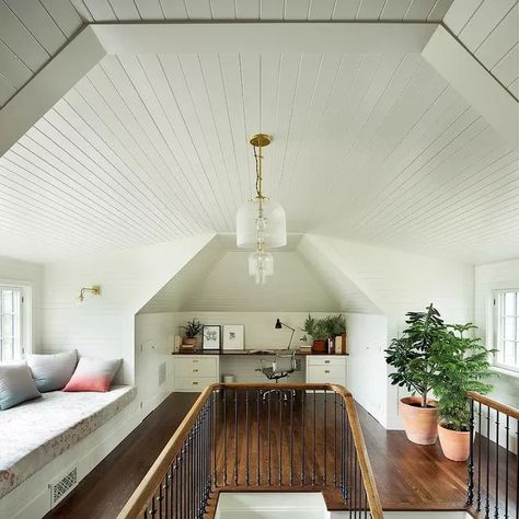 Attic Office Ideas and Inspiration | Hunker Attic Office Ideas, Attic Design Ideas, Jessica Helgerson, Attic Staircase, Attic Office, Attic Renovation Ideas, Shiplap Ceiling, Finished Attic, Attic Closet