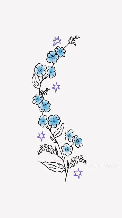 Drawing Fillers Backgrounds, Blue Flower Drawing Easy, Small Flower Sketch, Blue Cloud Tattoo, Cute Flower Drawing Aesthetic, Blue Doodles Aesthetic, Hydrangea Flower Tattoo, Anemone Flower Drawing, Blue Flowers Drawing