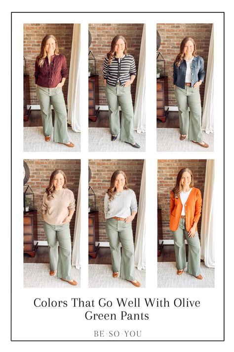 Discover 15 colors to pair with olive green pants and get outfit inspiration for versatile looks perfect for day or night. Orange And Olive Green Outfit, What Goes With Olive Green Pants, Trendy Olive Pants For Fall, Olive Fitted Casual Pants, Olive Wide-leg Spring Pants, Military Style Olive Wide Leg Pants, Olive Green Pants Outfit, Olive Pants Outfit, Khaki Cardigan