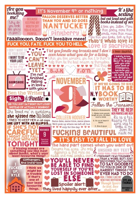 Book collage based on ‘November 9′ by Colleen Hoover.Side note: Colleen Hoover is amazing. Go read all her books…now.You can see the rest of my Colleen Hoover collages HEREOr see the whole collection of collages HEREColleen has also been kind enough to allow me to sell these prints on my Society6 November 9 Colleen Hoover Quotes, Colleen Hoover Characters, November 9 Colleen Hoover, Colleen Hoover Quotes, Hoover Books, Book Collage, Colleen Hoover Books, 9 November, Romance Books Quotes