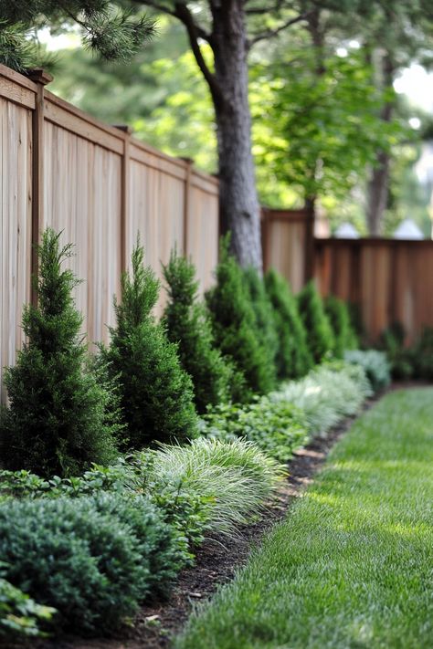 Dive into these 40 backyard designs that will make your outdoor space the envy of the neighborhood. Corner Lot Landscaping Backyard, Backyard Along Fence Landscaping, Trees Along Fence Backyards, Split Rail Fence Landscaping, Fenceline Landscaping, Property Line Landscaping, Landscaping Fence Ideas, Backyard With Trees, Midwest Backyard