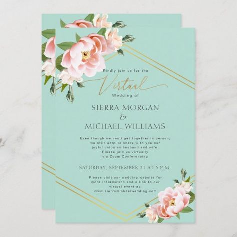 Virtual Wedding Blush Floral Peony Gold Mint Green Invitation Wedding Invitation Blank Template, Invitation Wedding Card Design, Mint Green Invitation, Invitation Wedding Card, Green Invitation, Virtual Wedding, Wedding Mint Green, Wedding Blush, Green Wedding Invitations