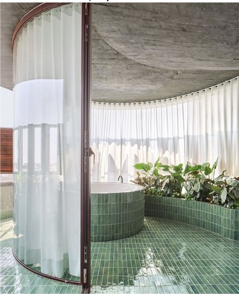 Green tile bathroom Madrid airy bathroom 1960s Interior, Madrid Apartment, Apartments Exterior, Outdoor Bathtub, Modern Outdoor Spaces, Brutalist Buildings, Floating Staircase, Glass Brick, Apartment Renovation