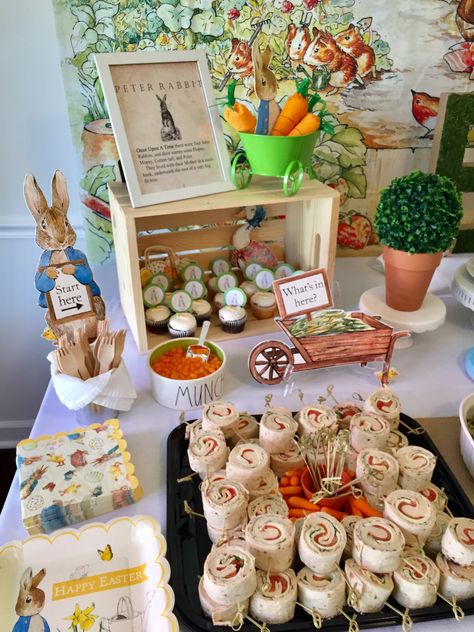 Peter Rabbit Themed Party Food, Birthday Rabbit Party, Peter Rabbit Grazing Table, Peter Rabbit Food Table, Peter Rabbit 2nd Birthday Party, Easter Themed Birthday Party For Boy, Peter Rabbit Charcuterie Board, 1st Birthday Peter Rabbit, Peter Cottontail Birthday Party