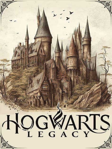 Fanart of the Hogwarts school made in old book illustration style. Inspired by the J.K. Rowling novels, Hogwarts Legacy video game, and H. Potter movies. Available on all sorts of t-shirts, hoodies, notebooks, mugs, stickers, phonecases, etc. #gryffondor #hogwarts #legacy #crest Book Inspired Posters, Hogwarts Legacy Poster, Hogwarts Castle Drawing, Hogwarts Legacy Wallpaper, Hogwarts Books, Hogwarts Legacy Fanart, Hogwarts Poster, Notebook Poster, Old Book Illustration