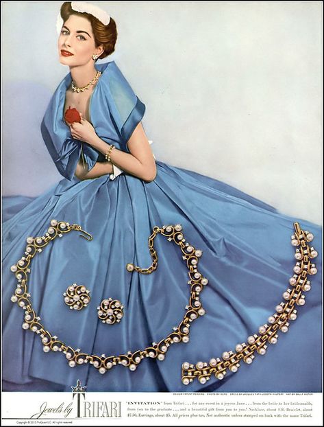 Retro Runway, Vintage Prom Dresses 1950s, Jewellery Advertising, Jewelry Ad, Jacques Fath, Dresses 1950s, Trifari Jewelry, Fashion 1950s, Jewelry Ads