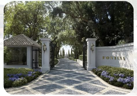 Luxury Driveway, Farmhouse Villa, Entrance Landscaping, Driveway Entrance Landscaping, Estate Gates, Driveway Entrance, Entrance Gates Design, Driveway Design, Dream Life House