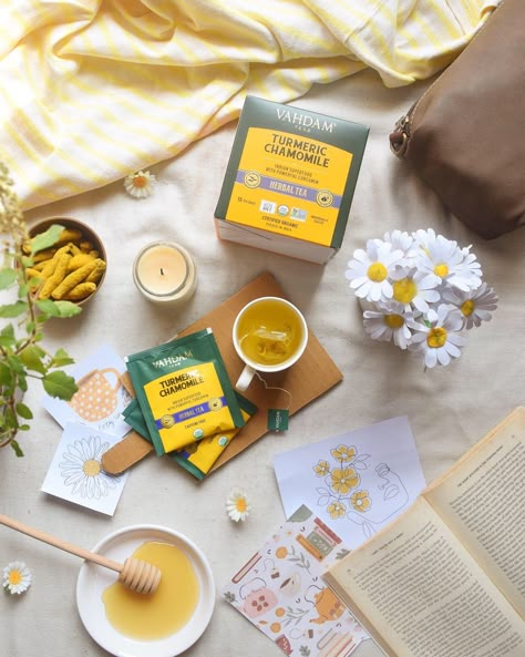 Chamomile Tea Photography, Tea Flatlay Photography, Green Tea Photoshoot, Tea Brand Photography, Tea Packaging Photography, Tea Photography Ideas, Tea Flatlay, Tea Product Photography, Tea Photoshoot