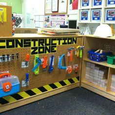 construction site dramatic play | hang your tool kit just like in dad s garage all you need is a ... Flower Shop Dramatic Play, Preschool Construction, Blocks Preschool, Construction Play, Preschool Rooms, Block Center, Library Organization, Dramatic Play Area, Dramatic Play Preschool