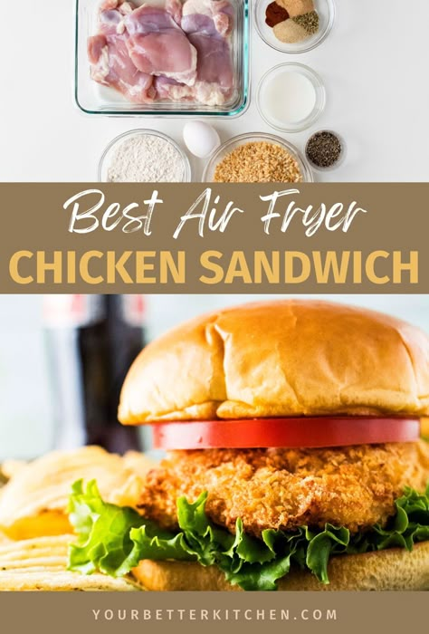 In this post, you'll learn how to make the best homemade air fryer chicken sandwich recipe ever, for an effortless air frying to help your family eat healthier and quicker. You make it with juicy, boneless chicken thighs breaded with crispy panko breadcrumbs for a delicious meal kids and adults will love. Plus, our easy air fryer tips are perfect for creating a takeout meal for lunch or dinner. Get the best air fryer chicken sandwich recipe at yourbetterkitchen.com! Air Fryer Chicken Sandwich, Air Fryer Crispy Chicken, Sandwich Night, Crispy Chicken Sandwich, Chicken Sandwich Recipe, Air Fryer Fried Chicken, Crispy Chicken Sandwiches, Homemade French Fries, Adult Lunches