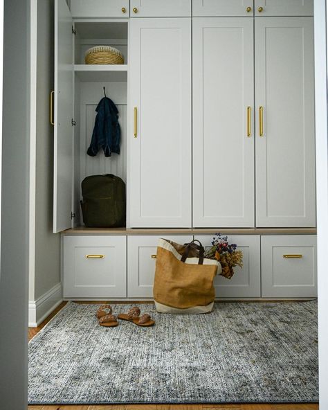 After adding doors to the lockers in our mudroom, I knew that I wanted to find a rug that would feel fresh in this updated space. When… | Instagram Mudroom Locker Cabinets, Mudroom Open Lockers, Mudroom Cabinets With Doors, Lockers Ideas For Home, Mudroom Storage Cabinet, Entry Way Lockers, Mudroom Remodel, Mudroom Cabinets, Large Laundry Rooms