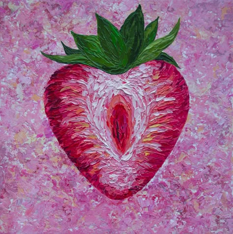 The picture of bright strawberries is painted in oil and with a palette knife on cardboard. 20*20 cm Strawberry Aesthetic Painting, Abstract Strawberry Painting, Bright Oil Paintings, Frosting Painting, Strawberry Acrylic Painting, Painting Strawberries, Pottery Slips, Paint Fruit, Fruit Oil Painting