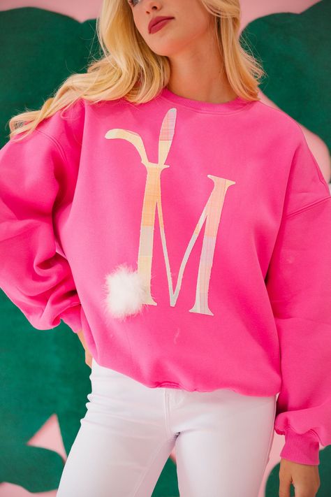 Unleash your inner hare in our CUSTOM BUNNY INITIAL PULLOVER. This fun and unique pink pullover features a custom bunny initial, adding a personalized touch. And with a fluffy white cottontail, you'll be sure to hop your way through any outfit! All orders are currently shipping within 14 business days. To receive item quicker, expedited shipping is available at checkout. Custom Bunny, Pink Pullover, Initials, Pink, White