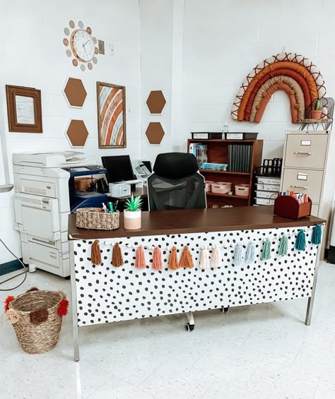 My desk area is finally coming together! Another days work in the books. 🖤🪴 #fourthgradeteacher #fourthgradeclassroom #fourthgrademath… Aesthetic Math Classroom, School Counselor Office Aesthetic, Green And Pink Classroom, Teacher Workroom Makeover, Classroom Desk Decor, Teacher Desk Decorations, Rose Gold Clock, Teacher Desk Areas, Room Diy Projects