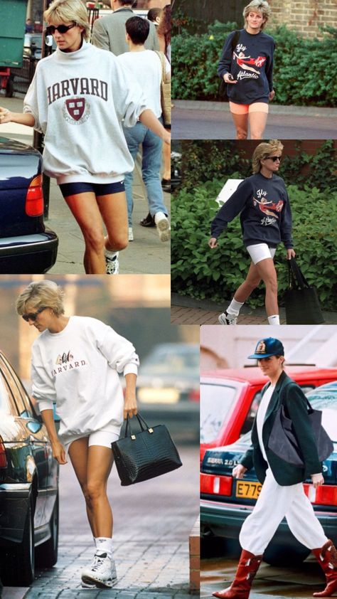 Princess Diana sporty looks 🤍 #princess #princessdiana #diana #style #outfit #aesthetic #fashion #90s #trend Princess Diana Outfit Inspiration, 90s Sporty Outfit, 90s Sporty Fashion, Sporty Aesthetic Outfit, Diana 90s, Style Outfit Aesthetic, Diana Style, Outfits Sporty, Princess Diana Fashion