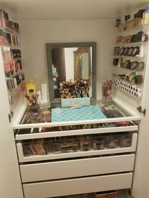 Ikea hack makeup storage using pax system! Ikea Storage Makeup, Pax Wardrobe Makeup, Ikea Pegboard Makeup, Ikea Pegboard Vanity, Pax Makeup Storage, Ikea Pax Makeup Storage, Makeup Space, Ikea Bedroom Storage, Ikea Closet Organizer