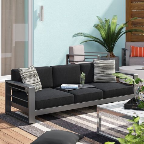 Wade Logan® Caggiano 76.25'' Wide Outdoor Patio Sofa with Cushions & Reviews | Wayfair Colored Dining Chairs, Outdoor Patio Sofa, Sofa With Cushions, Patio Daybed, Patio Loveseat, Outdoor Couch, Patio Sectional, Sunbrella Cushions, Patio Sofa