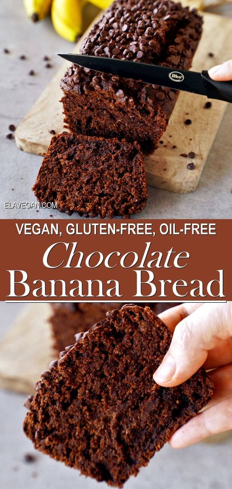 Make tender, fluffy chocolate banana bread that’s decadent and delicious yet surprisingly diet-friendly – oil-free, refined sugar-free, vegan, gluten-free, and optionally grain-free! #chocolatebananabread #chocolateloaf #veganbananabread #glutenfreebananabread #elasrecipes | elavegan.com Vegan Gluten Free Banana Bread, Banana Bread With Oil, Dairy Free Deserts, Healthy Breakfast Baking, Healthy Chocolate Banana, Chocolate Banana Bread Recipe, Gluten Free Banana Muffins, Cookies Gluten Free, Chocolate Banana Muffins