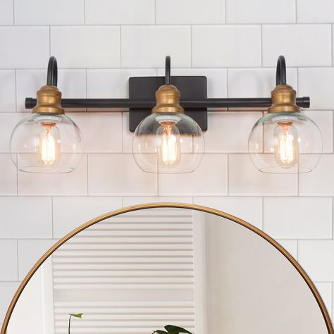 Bathroom Vanity Lighting Brushed Bronze, Black And Gold Bathroom Lighting, Black Andgold Vanity Lights, Three Light Bathroom Fixture, Bathroom Lights Black, Black And Gold Bathroom Light Fixture, Black And Gold Vanity Light, Antique Bronze Bathroom Fixtures, Black And Gold Bathroom Fixtures