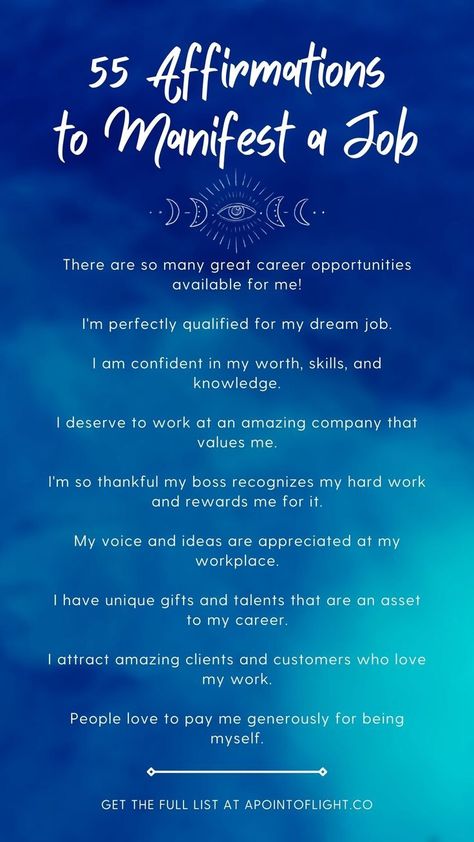 Are you ready to manifest the perfect job for you? Check out 55 positive affirmations for manifesting a job and get a step by step guide on how to attract the career of your dreams with the law of attraction! Career Affirmations, Become Wealthy, Spiritual Manifestation, Lost My Job, Wealth Affirmations, Manifestation Law Of Attraction, Positive Self Affirmations, Money Affirmations, Manifestation Affirmations