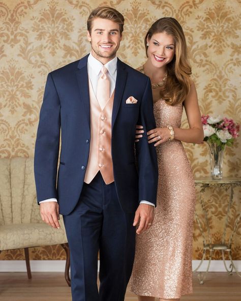 Rose gold bridesmaid and groomsmen Gold Tux, Rose Gold Suit, Wedding Rose Gold Theme, Rose Gold Bridesmaid Dress, Rose Gold Bridesmaid, Rose Gold Dress, Gold Bridesmaid Dresses, Gold Prom Dresses, Suit Coat