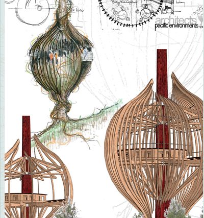 Yellow Treehouse Restaurant Tree Building Architecture, Animal Architecture, Tree Inspired Architecture, Treehouse Interior Concept Art, Tree Biomimicry Architecture, Bamboo Concept Architecture, Bamboo Structure Architecture, Bamboo Building, Floating Architecture