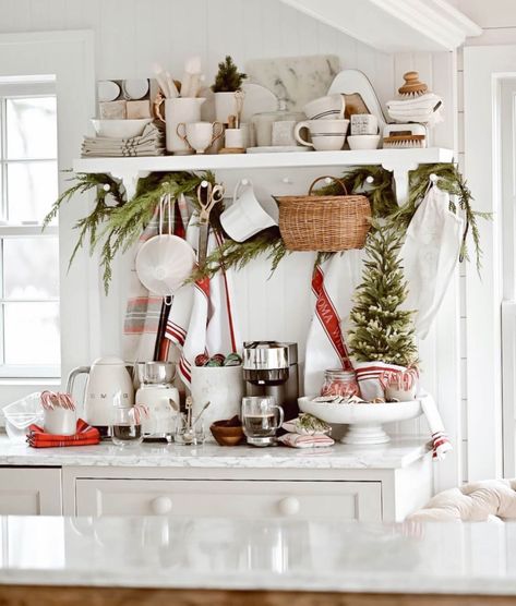 Holiday Coffee Bar, Christmas Coffee Bar, Antique Kitchen Island, Cozy White Cottage, Farmhouse Style Wreath, Liz Marie, Liz Marie Blog, Winter Table, Cottage Christmas