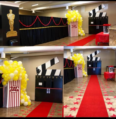 Movie Theater Decorations Party, Movie Themed School Dance, Night At The Movies Prom Theme, Night At The Movies Decorations, Movie Theme School Decorations, Movie Photo Backdrop, Banquet Theme Ideas School, Movie Theater Vbs Theme, Oscars Theme Party Decoration