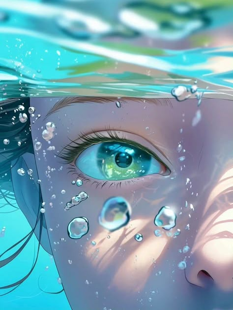 In Water, Bubbles, Water, Anime, Blue, Art