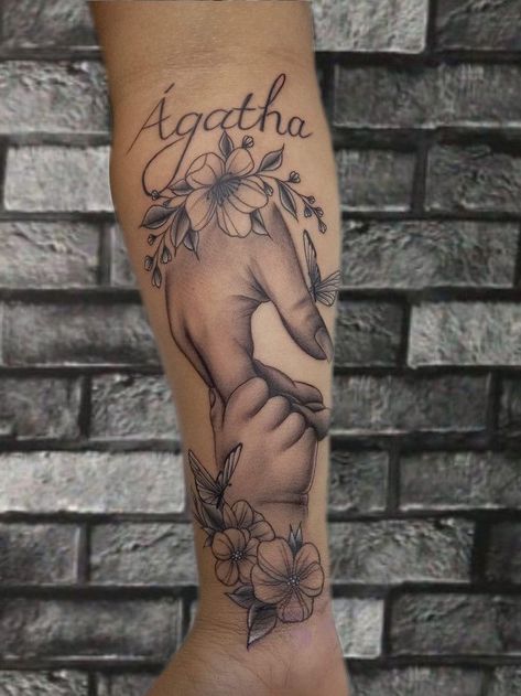 Sleeve For Daughter Tattoo, Mom And Daughter Hand Tattoos, Tattoos For Moms With Kids Sleeve, Son Tattoos For Mom, Tattoos For Baby Girl, Baby Girl Tattoo Ideas For Mom, Child Tattoo Ideas For Women, Tattoos For My Kids, Tattoos For My Daughter