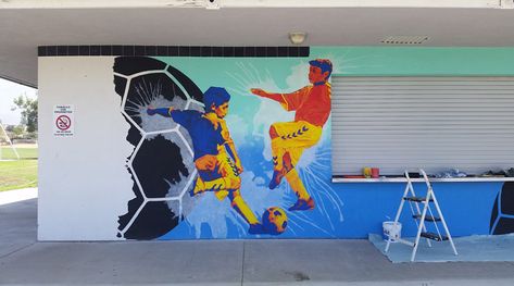 Soccer Mural, Dunn Edwards Colors, Football Paintings, Pvc Ceiling Design, Sports Painting, Lemon Painting, Soccer Art, School Wall Art, Street Mural