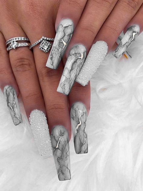 Grey Nails Acrylic Design, White Gray Marble Nails, Grey Marble Nails Acrylic, Gray Marble Nail Designs, Grey Marble Nail Designs, Mermer Nails, Gray Marble Nails, Grey Marble Nails, Black And White Marble Nails