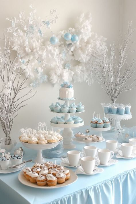 Winter Wonderland Food Table, Winter Theme Party Ideas, Winterwonder Land Theme, Winter Wonderland Treats, Winter Wonderland Food, Winter Wonderland Dessert Table, Christmas Tea Party Ideas, Winder Wonderland, Winter Wonderland Christmas Party