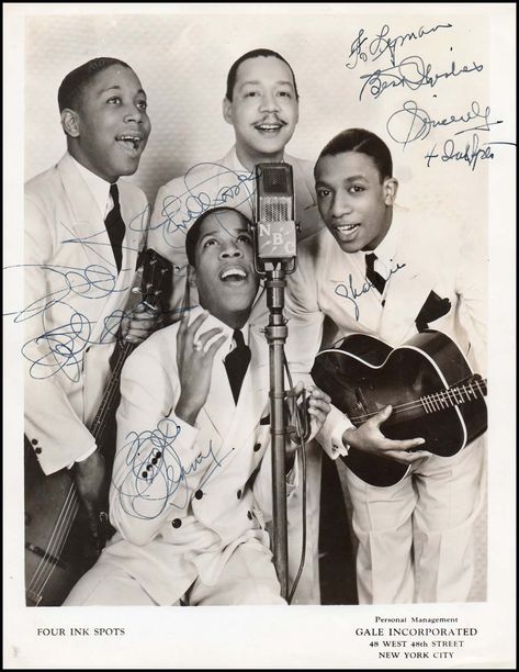 "One of the two granddaddies of vocal groups, the Ink Spots [the Four Ink Spots] introduced a number of firsts that had a direct impact on the development of rhythm and blues in the '40s and rock and roll in the '50. Although The Mills Brothers were successful years before the Ink Spots and turned out many more hits (71 to the Spots' 46), each had a tremendous influence on music, the public, and future vocalists, and chances are that a group or singer influenced by the other" The Ink Spots, Ink Spots, Soul Artists, Ella Fitzgerald, Film Clips, Historical Moments, New West, History Pictures, Rhythm And Blues