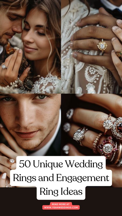 A stunning wedding couple showcasing unique wedding rings and engagement ring ideas, featuring vintage styles, modern designs, and custom-made options with gemstone settings and alternative materials. Unique Wedding Ring Sets Vintage, Engagement Rings Creative, Alternative Engagement Rings Vintage, Gemstone Settings, Wedding Rings And Engagement, Trendy Engagement Rings, Engagement Ring Ideas, Unique Wedding Rings, Unique Wedding Ring