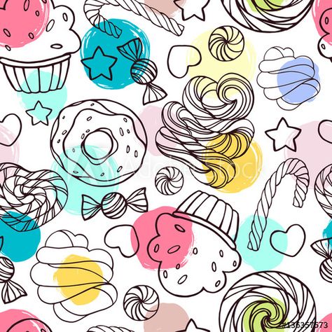 Seamless pattern with candy, donuts and lollipops. wall mural wallpaper | Muraledesign.com Wall Mural Wallpaper, Pattern Illustration, Textile Patterns, White Patterns, Lollipop, Wall Mural, Mural Wallpaper, My Images, Seamless Pattern