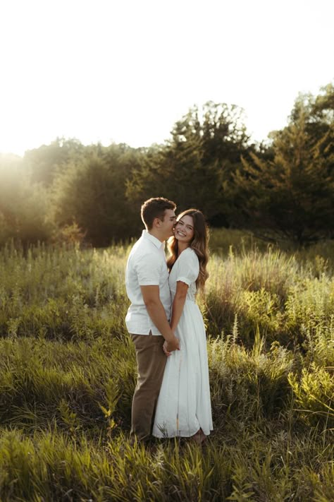 Twirl Engagement Photo, Proposal Session Photo Ideas, Late Summer Couples Photoshoot, Dressy Casual Engagement Photos, Couples Photoshoot Greenery, Engagement Photos With Dress, Engagement Field Pictures, Engagement Photos Flagstaff, Golden Hour Field Engagement Photos