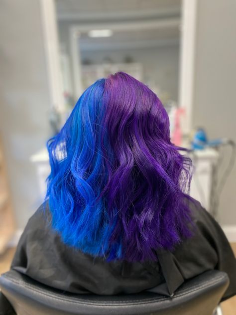 Joico fashion colors, split hair color Blue And Purple Hair Split Dye, Blue And Purple Hair Half, Split Dyed Hair Bright Colours, Split Dyed Hair Color Ideas, Half Purple Half Blue Hair, Black Hair Split Dye, Half And Half Hair Color Ideas, Purple Split Hair, Spilt Dye Hair Ideas