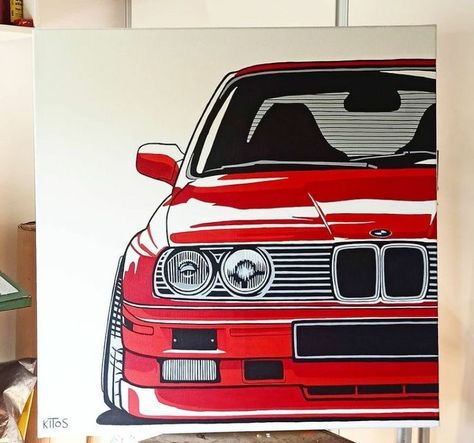 Easy Car Painting, Car Acrylic Painting, Bmw Painting, Car Painting Canvas, Cars Painting, Longboard Design, Bmw Art, R34 Gtr, Canvas Drawings