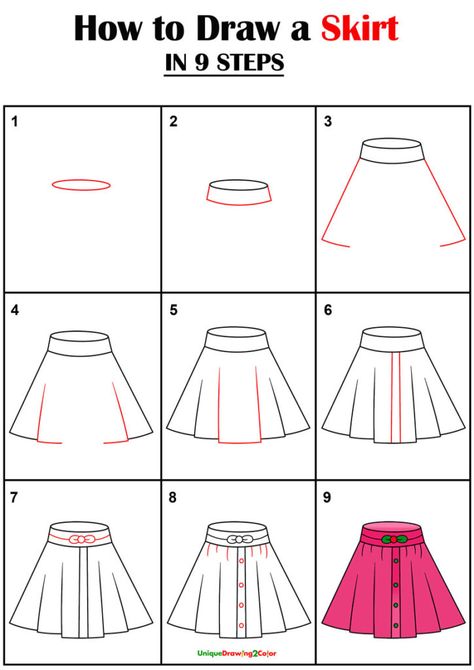 How To Draw Skirts Step By Step, How To Draw Long Skirts, How To Draw A Dress Step By Step, How To Draw A Skirt, Sketching Clothes, Skirts Drawing, Draw Skirt, Lucy Drawing, Drawing Items