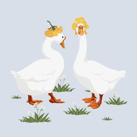 Flower Hat Illustration, Duck With Flower Hat, Cute Duck Illustration, Ducks Illustration, Duck With Flower, Ducks And Flowers, Duck With Hat, Goose Illustration, Goose Drawing