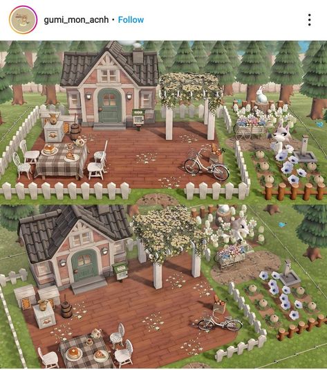 Animal Crossing Town Square Ideas Cottage Core, Acnh Neighbor House Ideas, Anch Aesthetic, Cool Animal Crossing Designs, Acnh Terrace, Animal Crossing Home Exterior Ideas, Cottagecore Animal Crossing Ideas, Animal Crossing Five Star Island, Acnh Hhp Garden