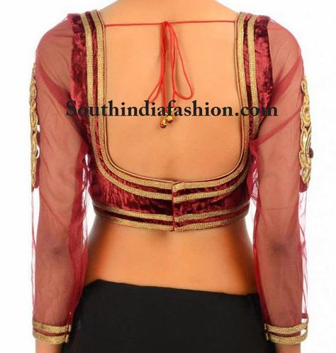 Maroon Velvet Blouse with Net Sleeves Back Neck Blouse, Choli Blouse Design, Blouse Designs High Neck, Saree Blouse Neck Designs, Lehenga Blouse Designs, Blouse Back Neck Designs, Sari Blouse Designs, Indian Saree Blouses Designs, Back Neck Designs